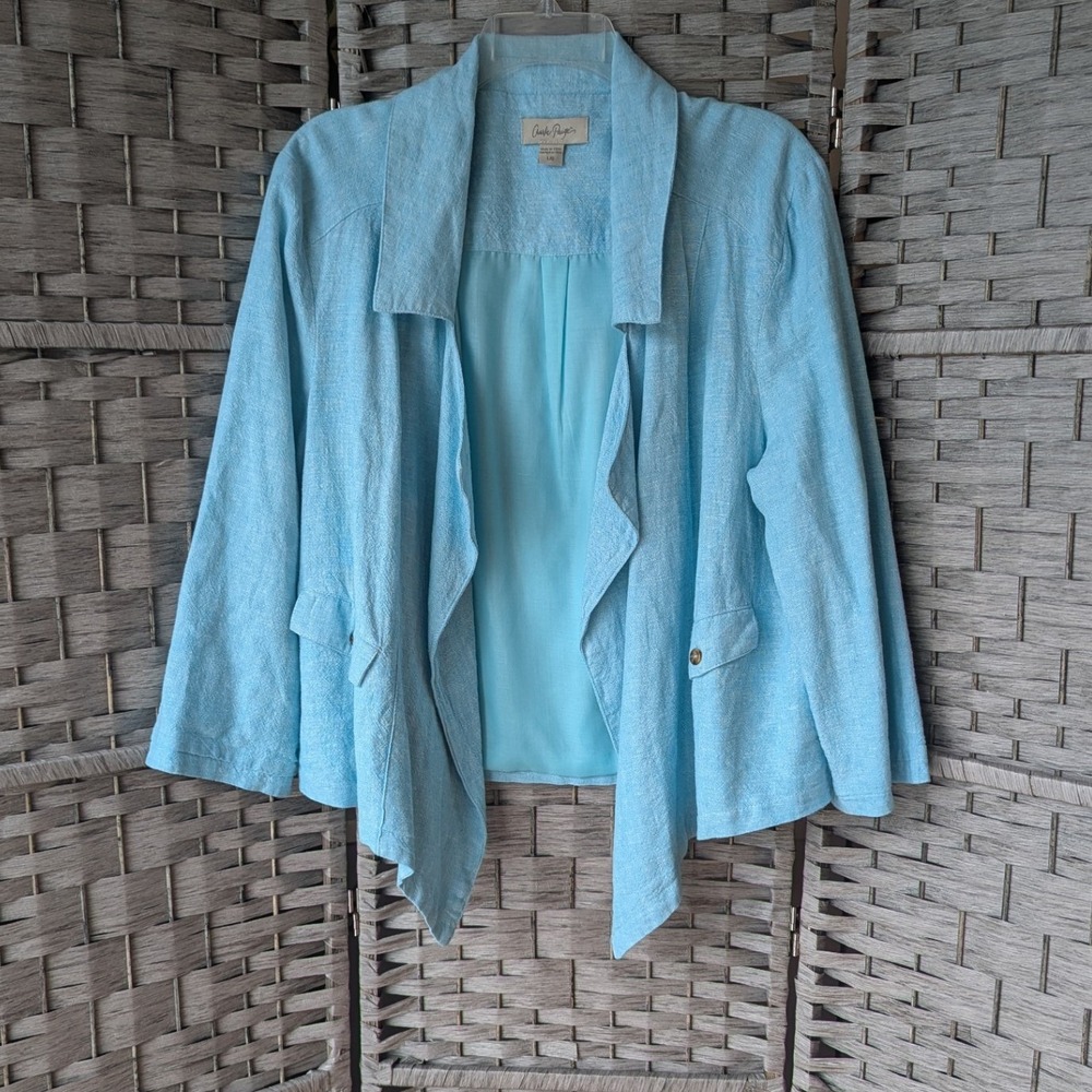 Vtg Y2K Aqua Blue Linen Blend Jacket Blazer Draped Open Front Sz L‎ Coastal Chic